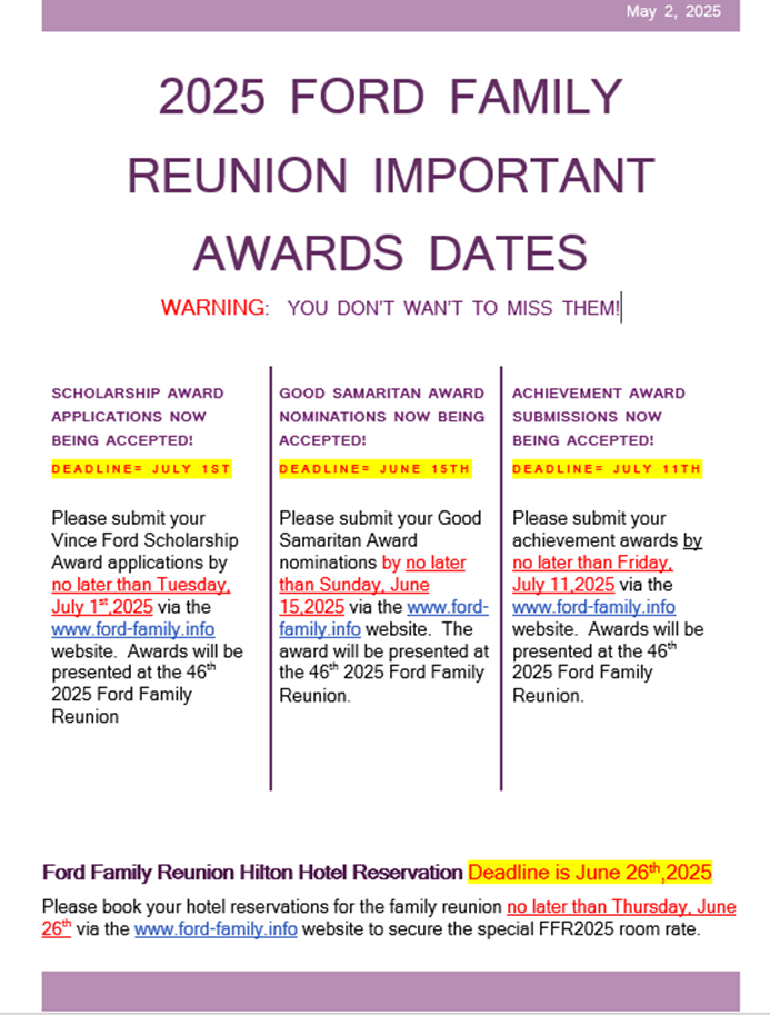 !IMPORTANT!- 2025 Ford Family Reunion Deadline Dates to Remember!